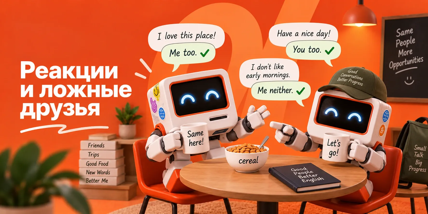 Два робота в кафе обмениваются репликами Me too, You too, Me neither; на столе миска хлопьев с подписью cereal