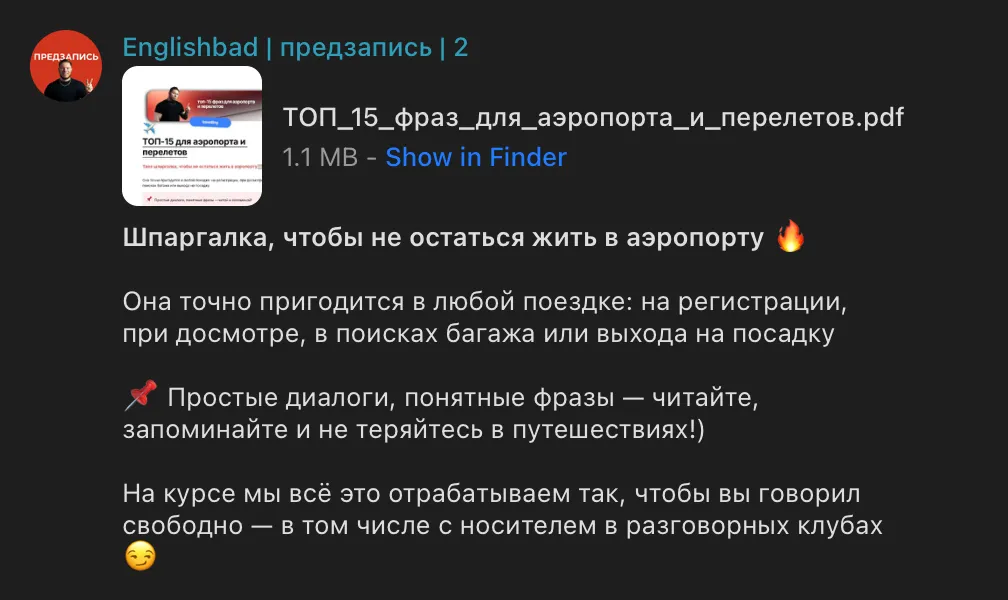 Скрин из канала: PDF «ТОП-15 фраз для аэропорта и перелётов»